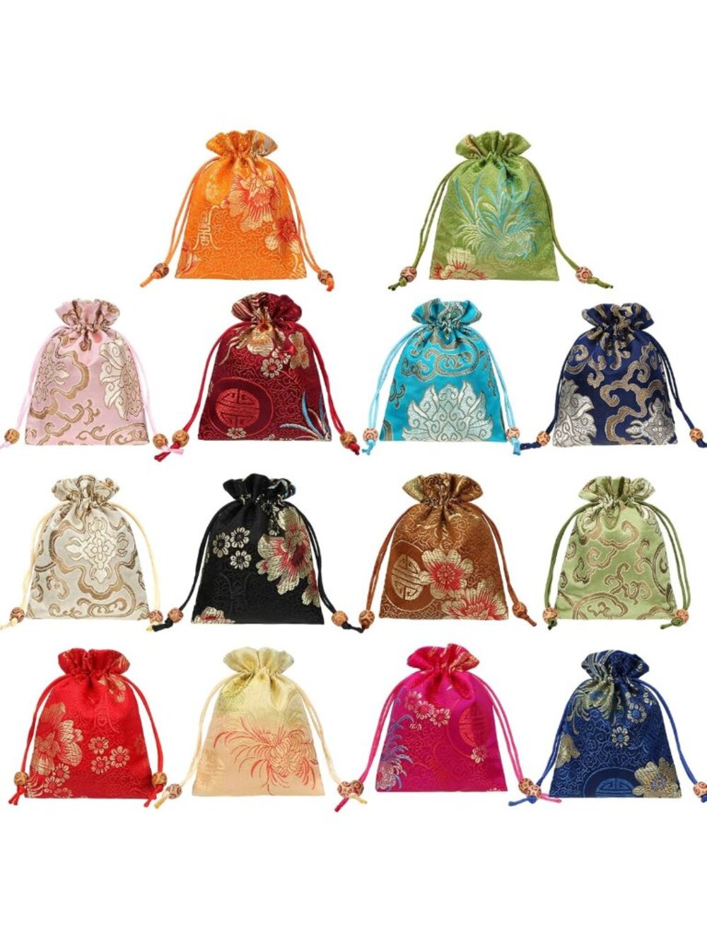 14-Pc Silk Brocade Jewelry Bags Set | Double Layer Drawstring Coin Pouches